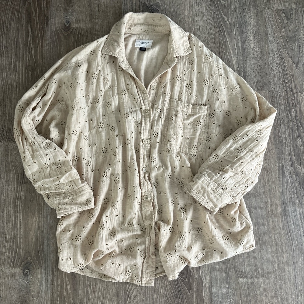 American Eagle Beige Eyelet Oversized Shirt